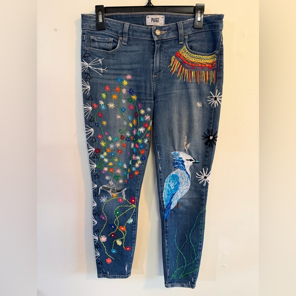 PAIGE Blue Skinny Jeans with Multicolor Hand Embroidered Bird & Floral Motifs